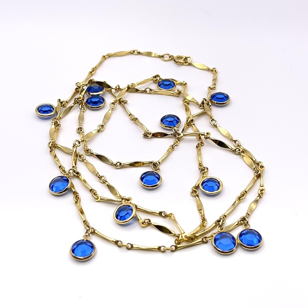 Vintage Blue Open Bezel Necklace Gold Tone Long 44 inch
